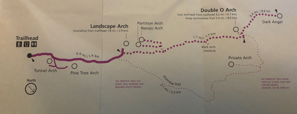Trail map of the Devils Garden in Arches National Park