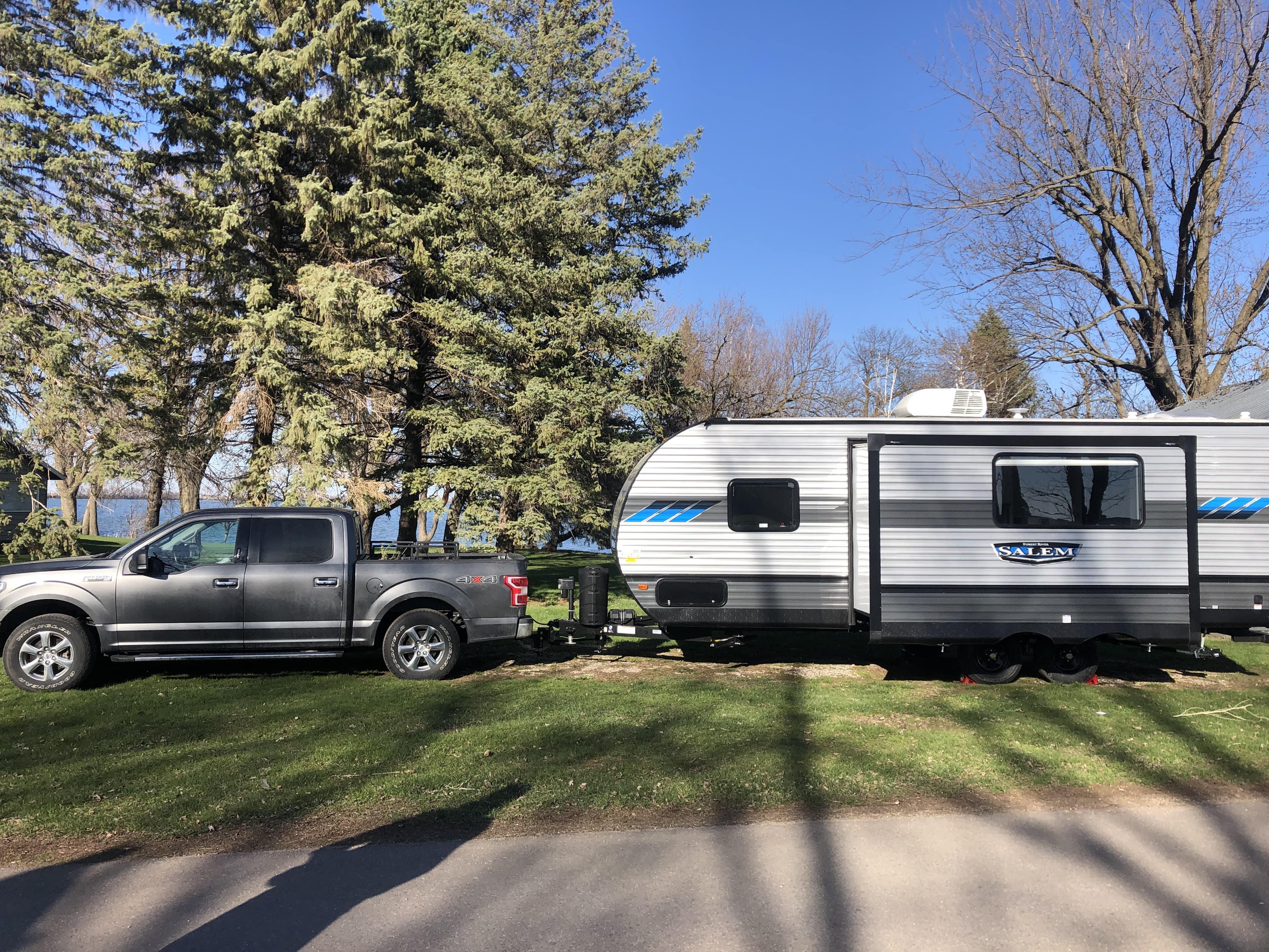 Our truck and trailer parked next to Round Lake.